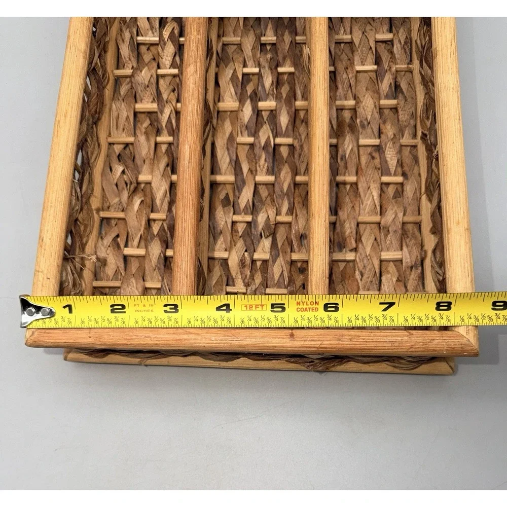 Vintage Woven Wicker Rattan Flatware Organizer Tray 4 Compartment Bamboo 12